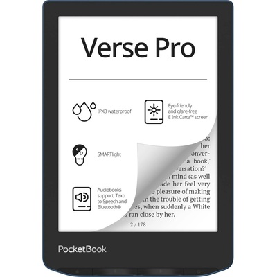 PocketBook Електронна книга PocketBook Verse Pro, 6" (15.24cm) E-Ink Carta сензорен екран, Wi-Fi, двуядрен 1.0GHz процесор, USB-C, 512MB RAM, 16GB Flash памет, синя (PB634-A-WW)