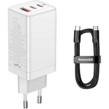 Baseus GaN 3 Pro Fast Laptop Charger 65W (CCGP050102) - захранване за ел. мрежа за лаптопи, смартфони и таблети с USB-A и 2xUSB-C изходи с технология за бързо зареждане и USB-C към USB-C кабел (бял)