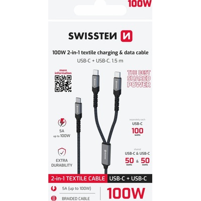 Swissten 72501201 nabíjací 2 v 1 100W USB-C/2x USB-C 1,5m černý
