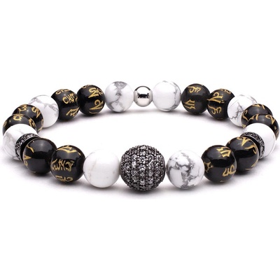 BudNej minerální náramek MAGIC BALL z howlitu a obsidiánu s mantrou MN1144
