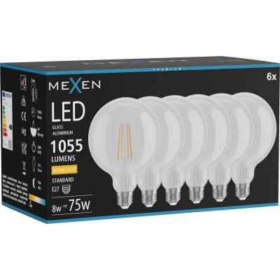 Mexen Vintis 6x LED филаментна крушка E27, G125, 8W, Топла - 2700K, 1055 lm, прозрачна (L158-E27-0827-00x06)