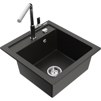 Mexen Vito еднокоморов гранитен мивка с кухненски смесител Flora, черен/златен металик - 6503-75-670401-00 (6503-75-670401-00)