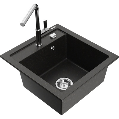 Mexen Vito еднокоморов гранитен мивка с кухненски смесител Flora, черен/златен металик - 6503-75-670401-00 (6503-75-670401-00)