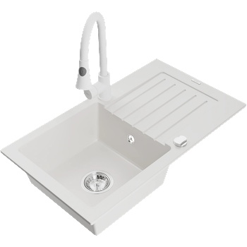 Mexen Pablo гранитна кухненска мивка с 1 отделение и сушилня с кухненски смесител Elia, бял - 6510-20-670101-20 (6510-20-670101-20)