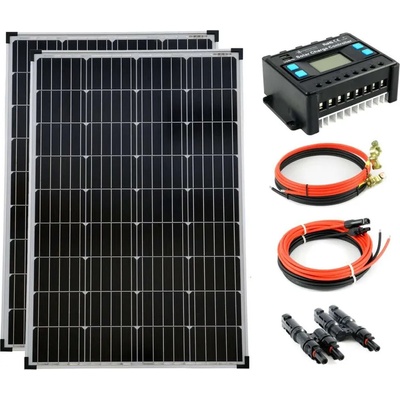 Solartronic Пълен комплект Соларна система 2x100 W монокристални соларни панели 5 шини 20A контролер за зареждане 12V / 24V кабел (1000200M20)