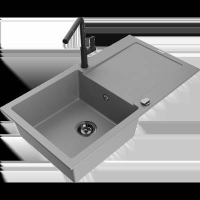 Leo гранитна кухненска мивка с 1 отделение, отцедник и кухненски смесител Flora, сив - 6501-71-670401-70-B (6501-71-670401-70-B)