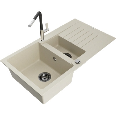 Mexen Matias гранитна мивка 1, 5-камерна с отцедник и кухненски смесител Flora, бежов - 6502-69-670401-07-B (6502-69-670401-07-B)