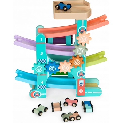 ECOTOYS Dřevěná dráha s 6 autíčky a činely
