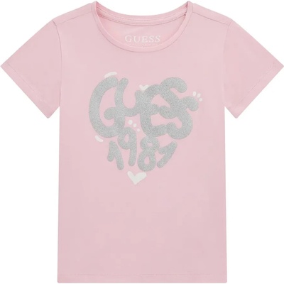 GUESS Тениска в розов цвят с къс ръкав за мини момиче със сребрист надпис Guess