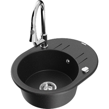 Mexen Kevin гранитна мивка с 1 отделение и сушилня и кухненски кран Elia, черен/сребърен металик - 6517-73-670101-00 (6517-73-670101-00)