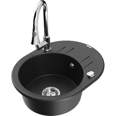 Mexen Kevin гранитна мивка с 1 отделение и сушилня и кухненски кран Elia, черен/сребърен металик - 6517-73-670101-00 (6517-73-670101-00)