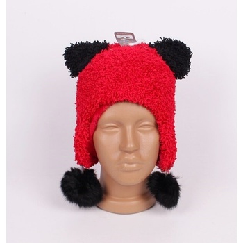 Дамска червена шапка с черни помпони