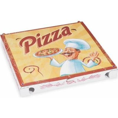 Krabice na pizzu (mikrovlnitá lepenka) C4 bílá s potiskem 29,5 x 29,5 x 3 cm [100 ks]
