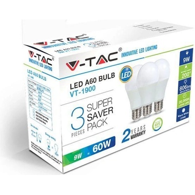 V-TAC Žiarovka LED E27 8,5W, 3000K, 806lm, 3-balenie, A60 VT-1900