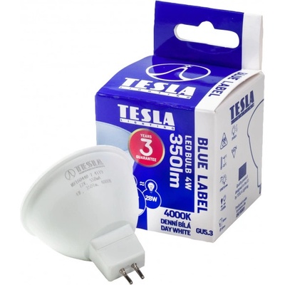 Tesla LED žárovka GU5,3 MR16, 4W, 12V, 350lm, 25 000h, 4000K denní bílá, 100st
