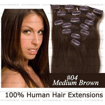 CLIP IN (klipy) pravé lidské vlasy remy 55cm odstín 04 středně hnědá 7 částí 80g