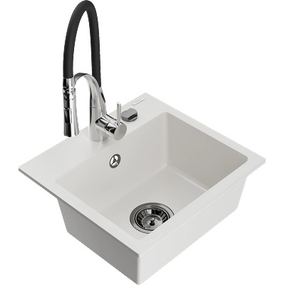 Mexen Milo гранитна мивка с 1 отделение и кухненски смесител Aster, бял - 6505-20-73450-07-B (6505-20-73450-07-B)