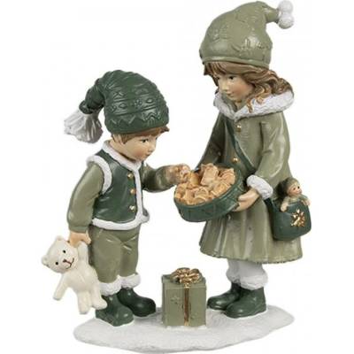 Dekorativní figurka děti v zeleném kabátku s tácem sušenek – 10x5x13 cm