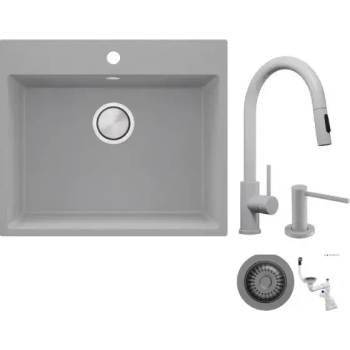 Твоят Стил Сива кухненска гранитна мивка Рига 60, Смесител 9010, Сифон, Дозатор