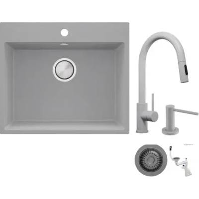 Твоят Стил Сива кухненска гранитна мивка Рига 60, Смесител 9010, Сифон, Дозатор