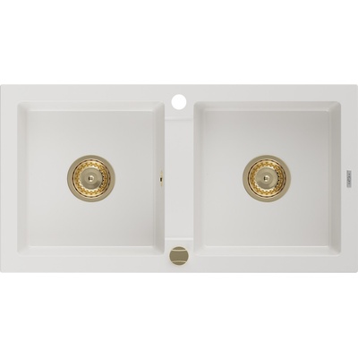 MEXEN/S Mario granitový dřez 2-bowl 820x436 mm,bílá,+ zlatý sifon 6504822000-20-G