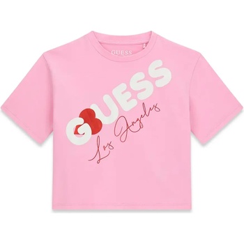 GUESS Розова къса тениска за момиче с бял надпис Guess и червено сърце