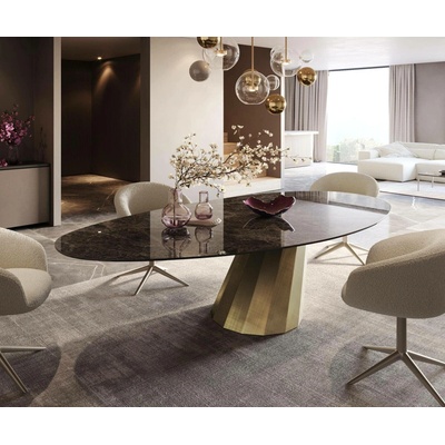 DELIFE Edge oválný 280 x 130 keramika Laminam Emperador Extra Lucidato tmavě hnědá parabel kovová zlatá
