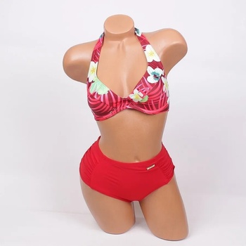 Image 1 of Бански в червено с екзотични цветя и листа