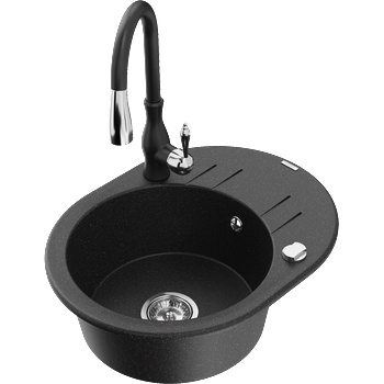 Mexen Kevin гранитна мивка с 1 отделение с отцедник и кухненски смесител Savita, черен/сребрист металик - 6517-73-672601-70 (6517-73-672601-70)