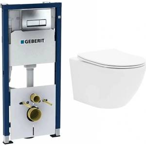 Rune Комплект казанче за WC за вграждане с комплект за фиксиране Geberit Duofix Up100 и хромиран бутон Delta, плюс бяла тоалетна чиния Rune Ivaldi с тънък капак softclose (458.128.21.2+5940541330400)