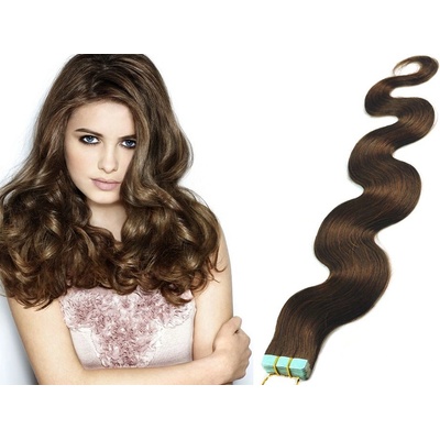 Vlasy pro metodu Pu Extension / TapeX / Tape Hair / Tape IN 60cm vlnité - stredne hnedé