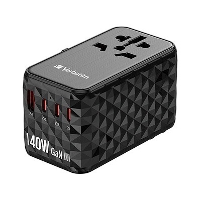Verbatim UTA-10 GaN III 32125, Универсален адаптер за пътуване, 2x USB-C PD и QC 4+, 1x USB-C PD 3.0, 1x USB-A QC, черен, 140 W (32125)