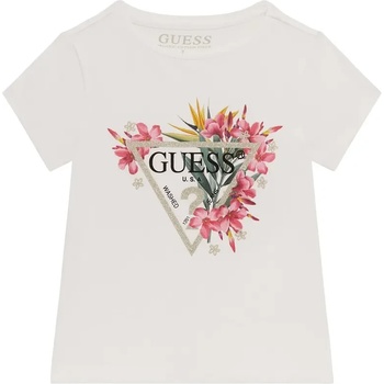 GUESS Тениска в бяло за мини момиче с цветя и сребристо лого Guess с глитери