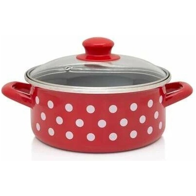 Metalac smaltovaný Randlík s pokrievkou 14 cm - 1L Červené bodky - čierne vnútro