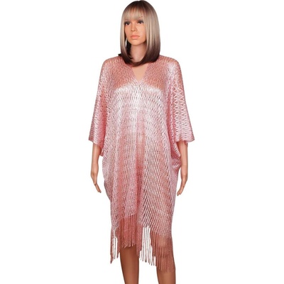 Ефектна мрежеста туника за плаж в розово с ресни