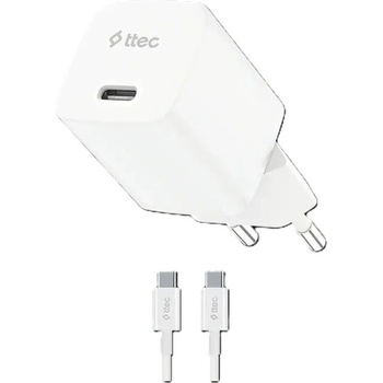 Ttec Зарядно 220V ttec SmartCharger GAN 30W PD Travel Fast Charger + USB-C - USB-C 60W Cable - Бяло