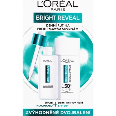 L´Oréal Paris Bright Reveal Dark Spot UV Fluid SPF50+ denní pleťový fluid Bright Reveal Dark Spot UV Fluid SPF50 50 ml + pleťové sérum Bright Reveal Niacinamide Dark Spot Serum 30 ml pro ženy