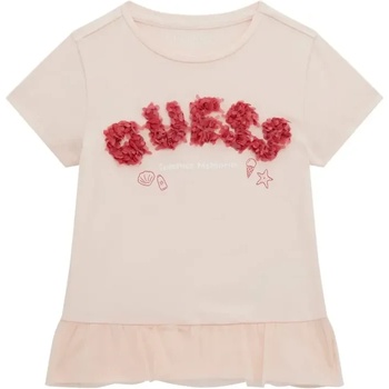 GUESS Бледо розова тениска с воали и релефен надпис Guess в червено за мини момиче Guess