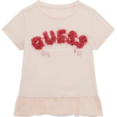 GUESS Бледо розова тениска с воали и релефен надпис Guess в червено за мини момиче Guess