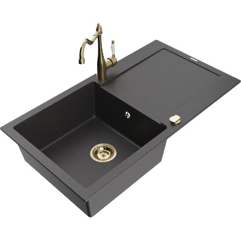 Mexen Leo гранитна мивка с 1 корито с отцедник и кухненски смесител Carla, черен накрапан - 6501-76-670700-50 (6501-76-670700-50)