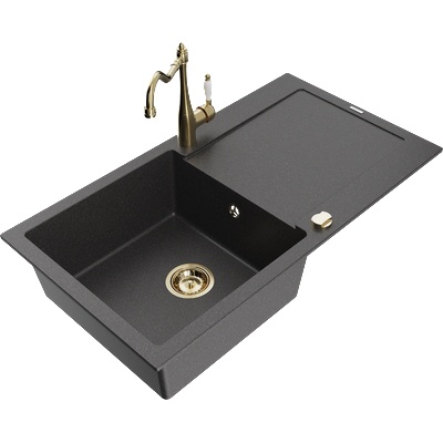 Mexen Leo гранитна мивка с 1 корито с отцедник и кухненски смесител Carla, черен накрапан - 6501-76-670700-50 (6501-76-670700-50)