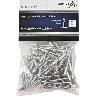 Trhacie nity hliník-ocel, 4,0 x 12,7 mm, s plochou hlavou, sada 100 ks - ASTA A-BR40127