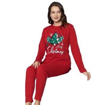 Image 1 of Дамска червена коледна пижама с апликация елхи