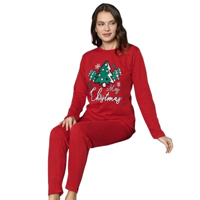 Дамска червена коледна пижама с апликация елхи