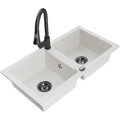 Mexen Mario гранитна мивка с 2 камери с кухненски смесител Elia, бял - 6504-20-670101-70 (6504-20-670101-70)