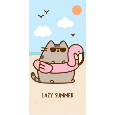 Carbotex Dětská plážová osuška KOČIČKA PUSHEEN MŇAUMÓZNÍ DOVOLENÁ modro béžová 70 x 140 cm