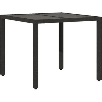 Градинска маса със стъклен плот, черна, 90x90x75 см, полиратан