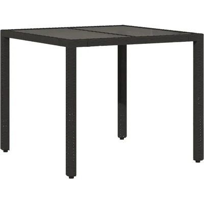 Градинска маса със стъклен плот, черна, 90x90x75 см, полиратан