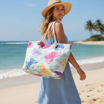 Бяла плажна чанта с цветни пеперуди