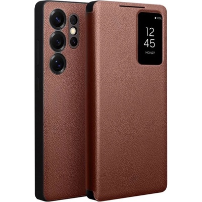Qialino Активен Кожен Калъф за Samsung S25 Ultra, Qialino Smart View Book Case, Кафяв (5966011564523)